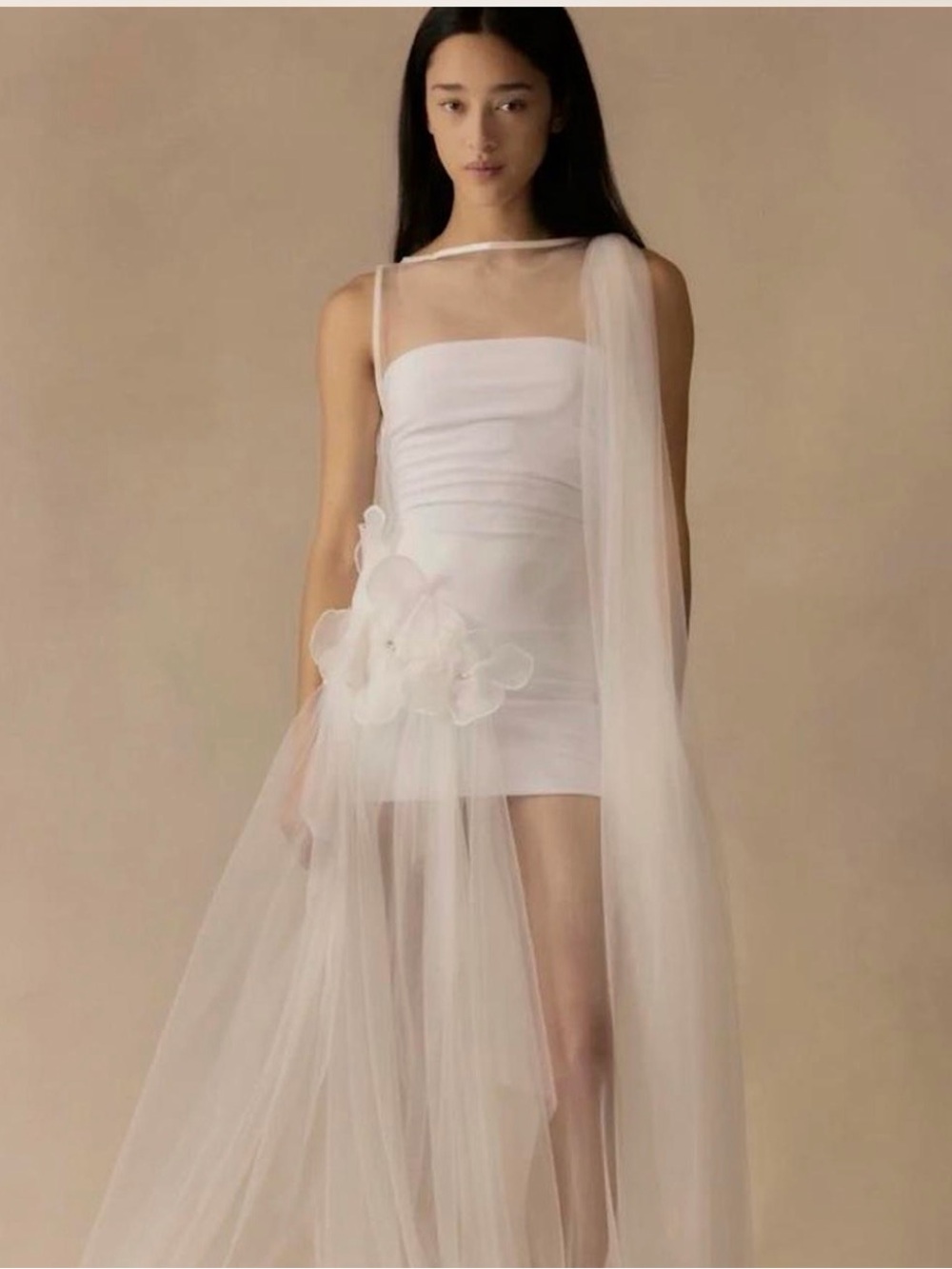 Strapless White Mini Dress with Sheer Draped Overlay and Floral Accent
